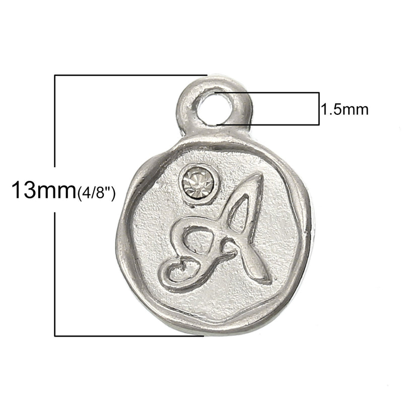 4 pcs Letter A Monogram Wax Seal Silver Charm Tags, with crystal rhinestone, 3/8"  chs1801