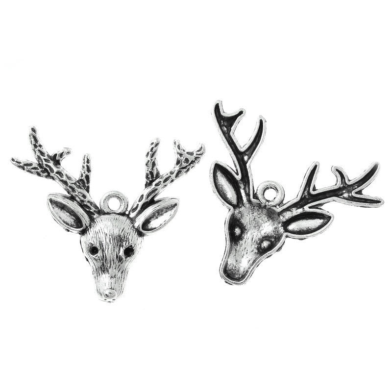 4 Silver DEER with ANTLERS Charm Pendants, hunting, wildlife chs1812