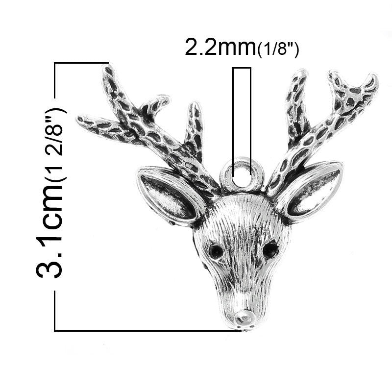 4 Silver DEER with ANTLERS Charm Pendants, hunting, wildlife chs1812