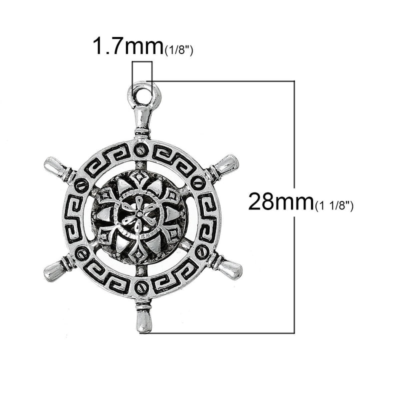 Ornate Ship's Helm, Pirate Wheel, silver charm, double-sided, nautical theme, sailor theme, 4 charms, chs1822