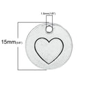 10 Silver HEART Stamped Charm Pendants, flat disks, 5/8" diameter chs1823