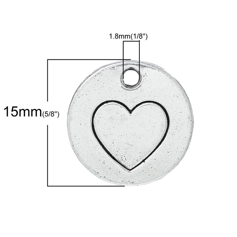 10 Silver HEART Stamped Charm Pendants, flat disks, 5/8" diameter chs1823