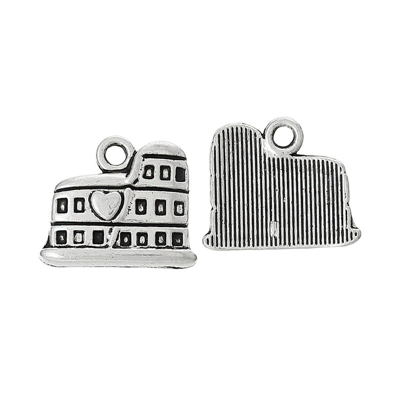 ROME COLOSSEUM Charm, Heart of Italy, Antiqued Silver Tone Pewter Charm Pendants, 4 pcs chs1820