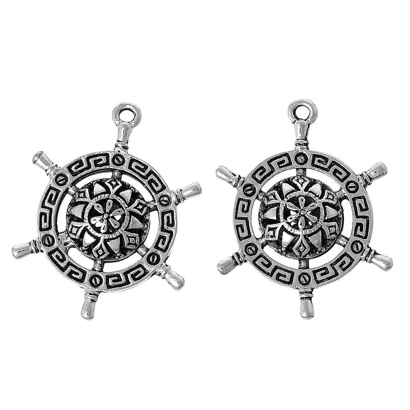 Ornate Ship's Helm, Pirate Wheel, silver charm, double-sided, nautical theme, sailor theme, 4 charms, chs1822