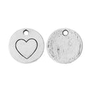 10 Silver HEART Stamped Charm Pendants, flat disks, 5/8" diameter chs1823