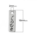 10 Antique Silver Love Stamped Rectangle Charms, Jewelry Tags, 5/8" long chs1825
