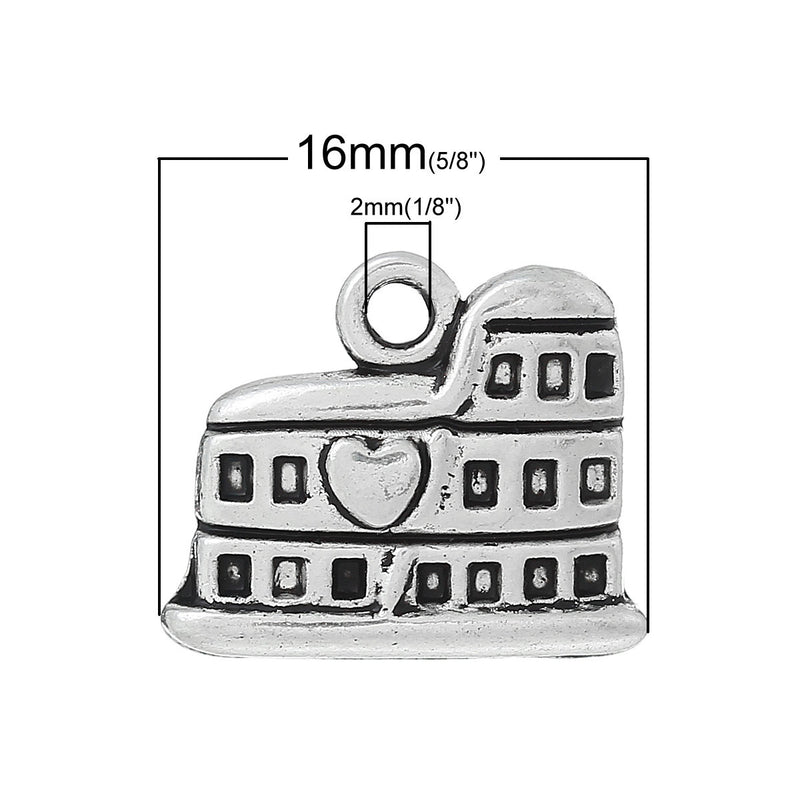 ROME COLOSSEUM Charm, Heart of Italy, Antiqued Silver Tone Pewter Charm Pendants, 4 pcs chs1820