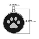 2 Large BLACK PAW Print Charm Pendants, Silver Enamel Discs, School Team Mascot Charms  che0471