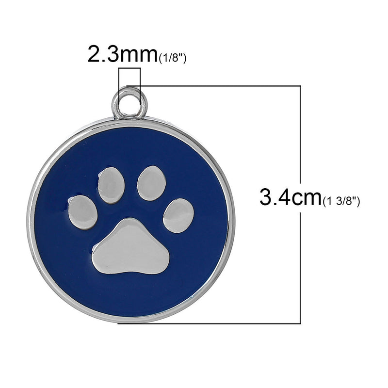 2 Large ROYAL BLUE Paw Print Charm Pendants, Silver Enamel Discs, School Team Mascot Charms  che0472