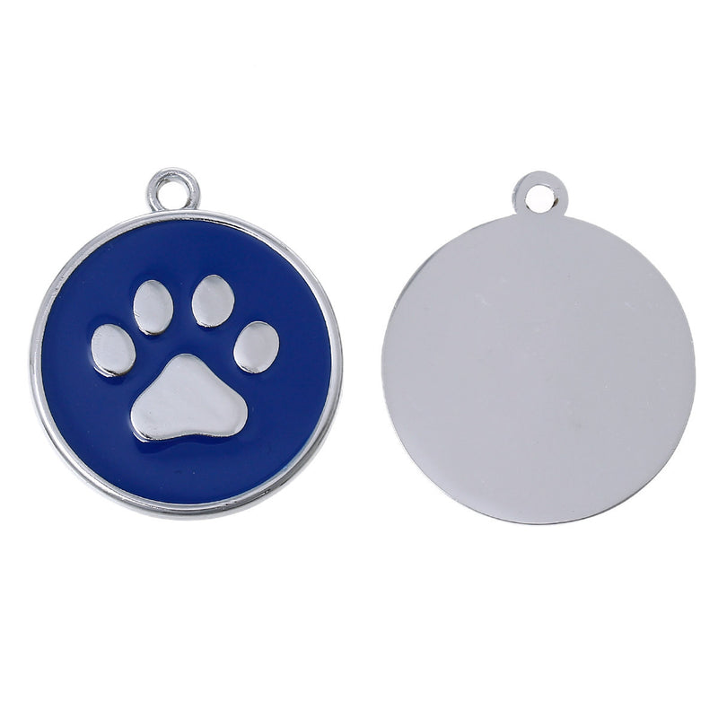 2 Large ROYAL BLUE Paw Print Charm Pendants, Silver Enamel Discs, School Team Mascot Charms  che0472