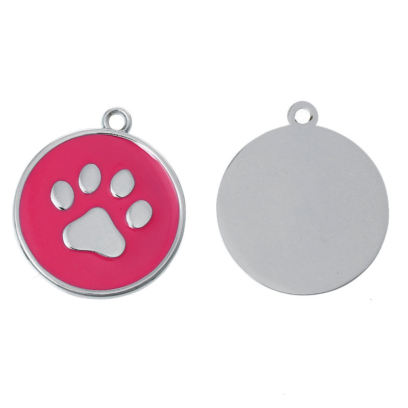 2 Large HOT PINK Paw Print Charm Pendants, Silver Enamel Discs, School Team Mascot Charms  che0470