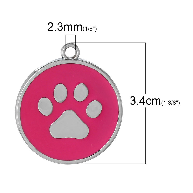 2 Large HOT PINK Paw Print Charm Pendants, Silver Enamel Discs, School Team Mascot Charms  che0470