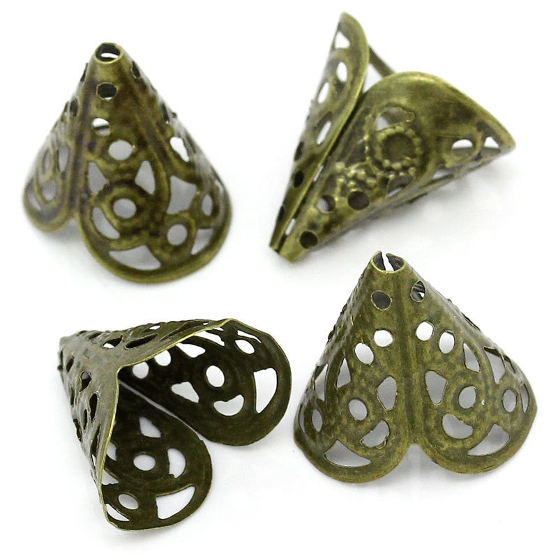20 Bronze Metal Filigree Bead Cones, bead caps, 16x11mm, fits up to 10mm beads fin0413