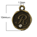 4 pcs Letter R Monogram Wax Seal Bronze Charm Tags, with crystal rhinestone, 3/8"  chb0340