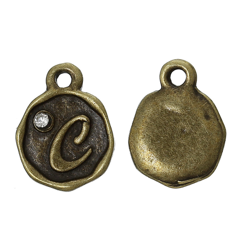 4 pcs Letter C Monogram Wax Seal Bronze Charm Tags, with crystal rhinestone, 3/8"  chb0342