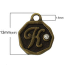 4 pcs Letter K Monogram Wax Seal Bronze Charm Tags, with crystal rhinestone, 3/8"  chb0347