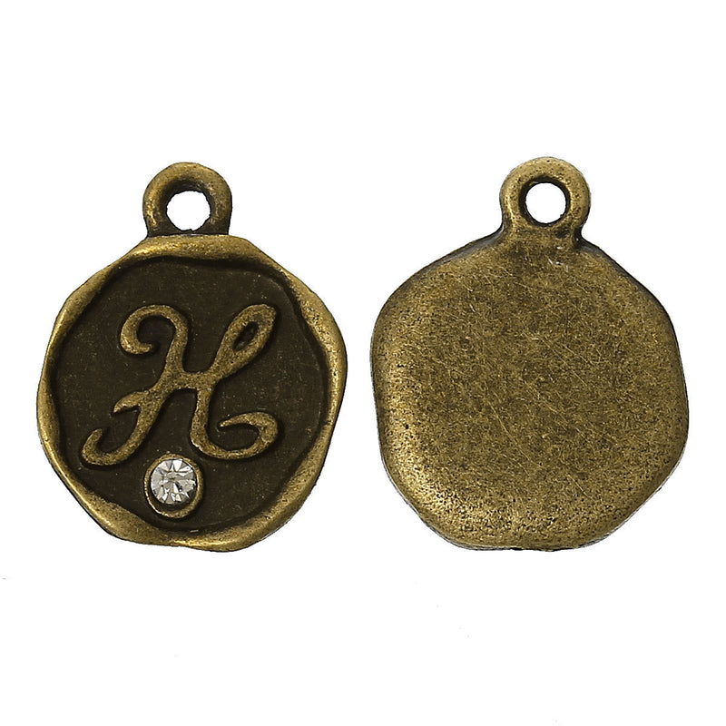 4 pcs Letter H Monogram Wax Seal Bronze Charm Tags, with crystal rhinestone, 3/8"  chb0346