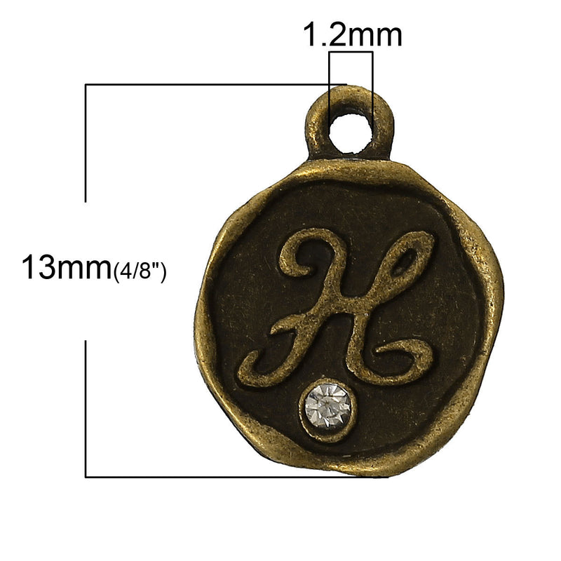 4 pcs Letter H Monogram Wax Seal Bronze Charm Tags, with crystal rhinestone, 3/8"  chb0346