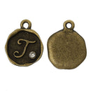 4 pcs Letter T Monogram Wax Seal Bronze Charm Tags, with crystal rhinestone, 3/8"  chb0350