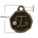 4 pcs Letter I Monogram Wax Seal Bronze Charm Tags, with crystal rhinestone, 3/8"  chb0352