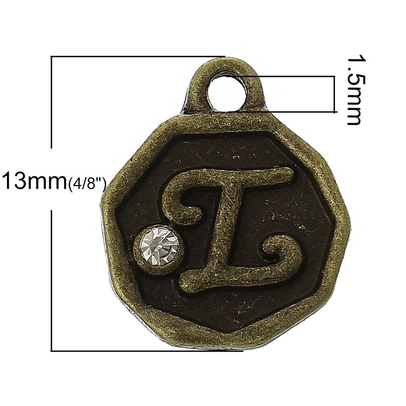4 pcs Letter I Monogram Wax Seal Bronze Charm Tags, with crystal rhinestone, 3/8"  chb0352