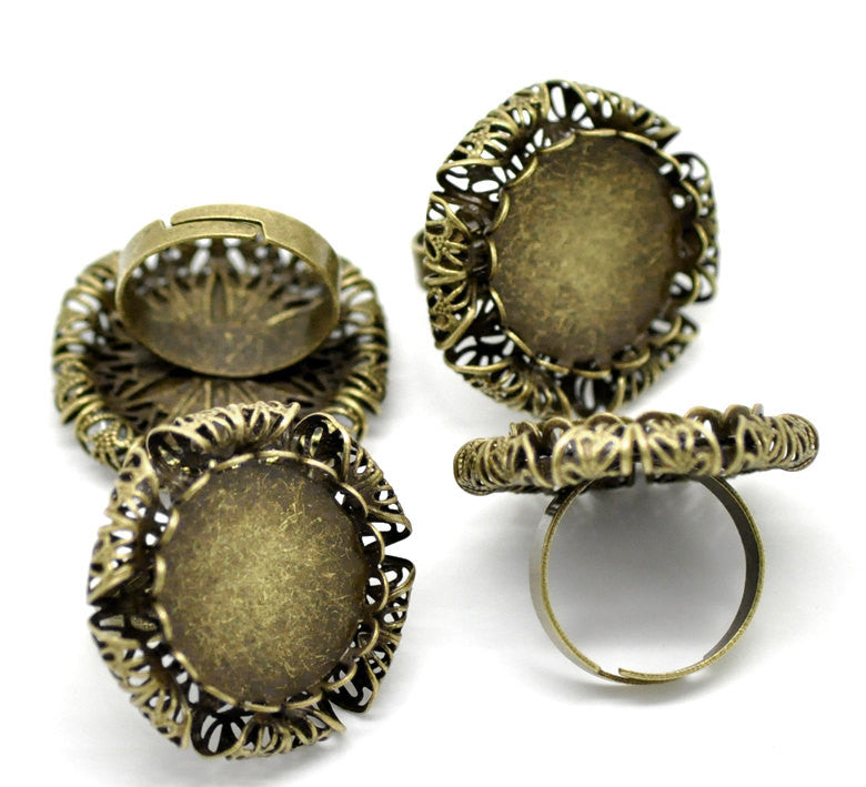 5 ANTIQUE Bronze Brass Filigree Ring Blanks, Size 8 adjustable, fits 18mm cabochon in bezel tray  fin0416