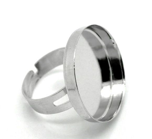 5 Silver Tone Ring Blanks, Size 8 adjustable, fits 25mm cabochon in bezel tray  fin0414