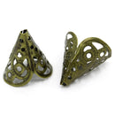 20 Bronze Metal Filigree Bead Cones, bead caps, 16x11mm, fits up to 10mm beads fin0413
