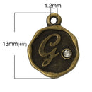 4 pcs Letter G Monogram Wax Seal Bronze Charm Tags, with crystal rhinestone, 3/8"  chb0335