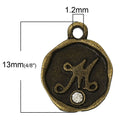 4 pcs Letter M Monogram Wax Seal Bronze Charm Tags, with crystal rhinestone, 3/8"  chb0336