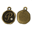 4 pcs Letter P Monogram Wax Seal Bronze Charm Tags, with crystal rhinestone, 3/8"  chb0343