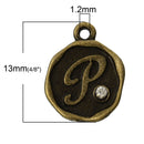 4 pcs Letter P Monogram Wax Seal Bronze Charm Tags, with crystal rhinestone, 3/8"  chb0343
