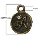 4 pcs Letter A Monogram Wax Seal Bronze Charm Tags, with crystal rhinestone, 3/8"  chb0349