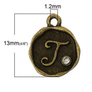 4 pcs Letter T Monogram Wax Seal Bronze Charm Tags, with crystal rhinestone, 3/8"  chb0350