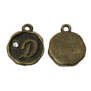 4 pcs Letter D Monogram Wax Seal Bronze Charm Tags, with crystal rhinestone, 3/8"  chb0351
