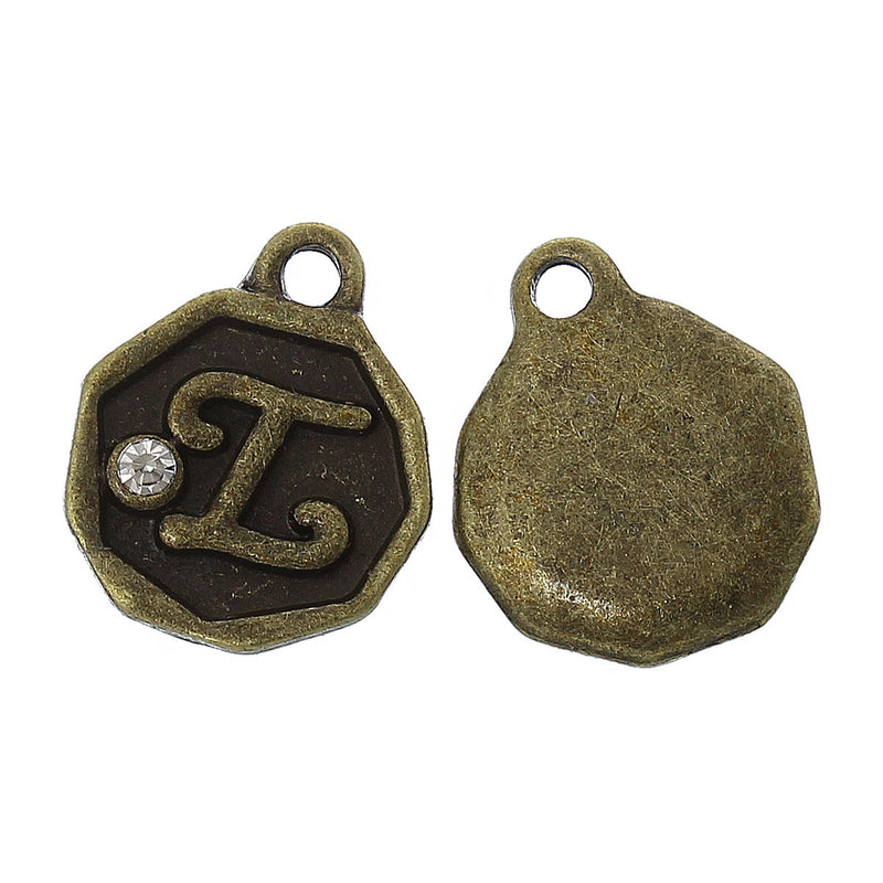 4 pcs Letter I Monogram Wax Seal Bronze Charm Tags, with crystal rhinestone, 3/8"  chb0352