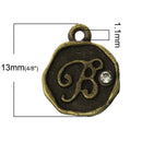 4 pcs Letter B Monogram Wax Seal Bronze Charm Tags, with crystal rhinestone, 3/8"  chb0353