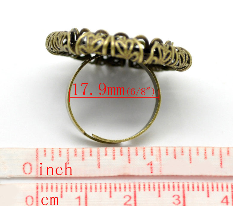 5 ANTIQUE Bronze Brass Filigree Ring Blanks, Size 8 adjustable, fits 18mm cabochon in bezel tray  fin0416