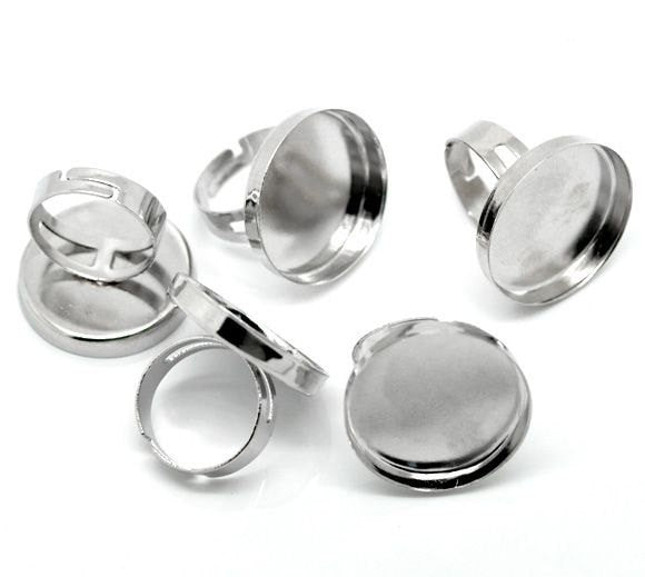 5 Silver Tone Ring Blanks, Size 8 adjustable, fits 25mm cabochon in bezel tray  fin0414