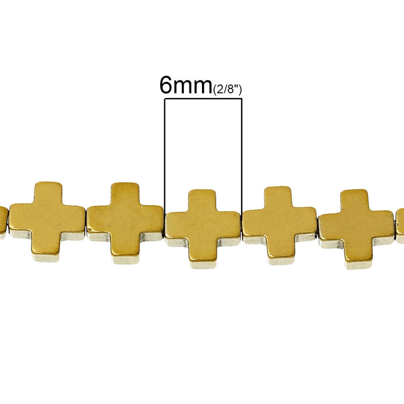 6mm Titanium Coated GOLD CROSS Hematite Gemstone Beads, full strand, about 64 beads  ghe0085