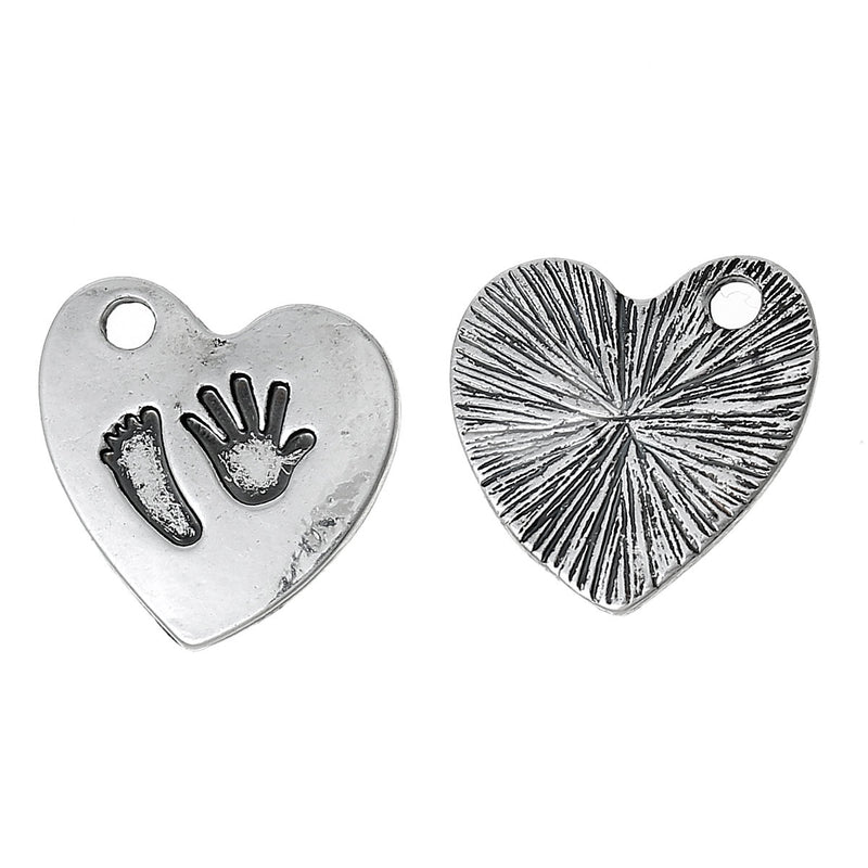 5 Stamped Baby Handprint and Footprint HEART Pewter Charms Pendants chs1829