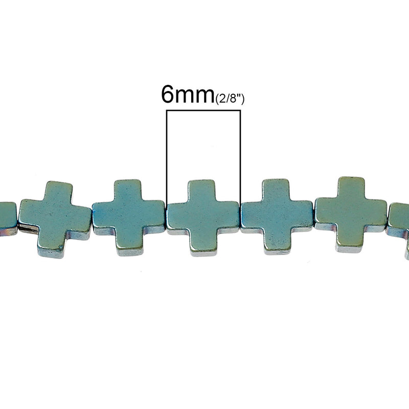 6mm Titanium Coated BLUE GREEN CROSS Hematite Gemstone Beads, full strand, about 64 beads  ghe0088