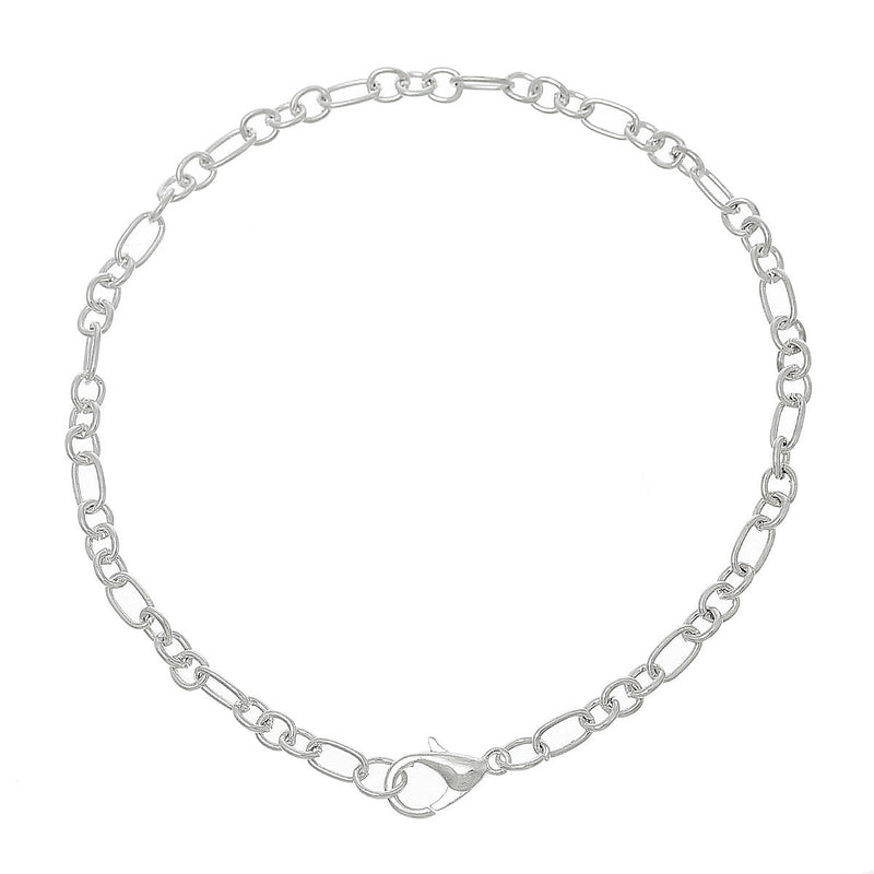 12 Silver Plated Figaro Chain Bracelets with Lobster Clasp, oval links, mother and son chain, 7.5" long 19cm fch0256