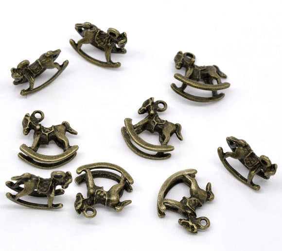 10 Wooden Rocking Horse Antique Bronze Tone Charm Pendants. 15x14mm chb0354