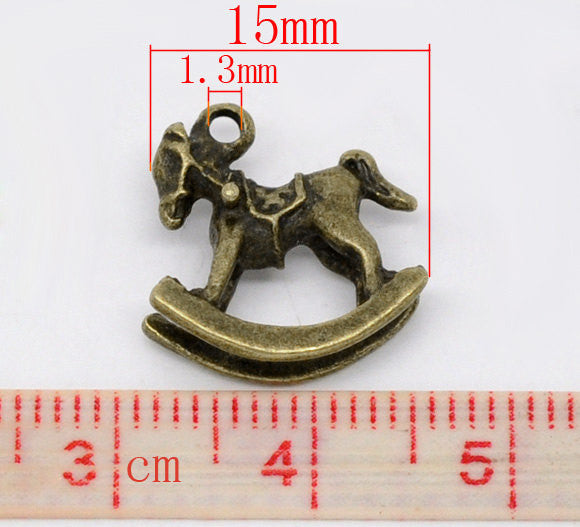 10 Wooden Rocking Horse Antique Bronze Tone Charm Pendants. 15x14mm chb0354