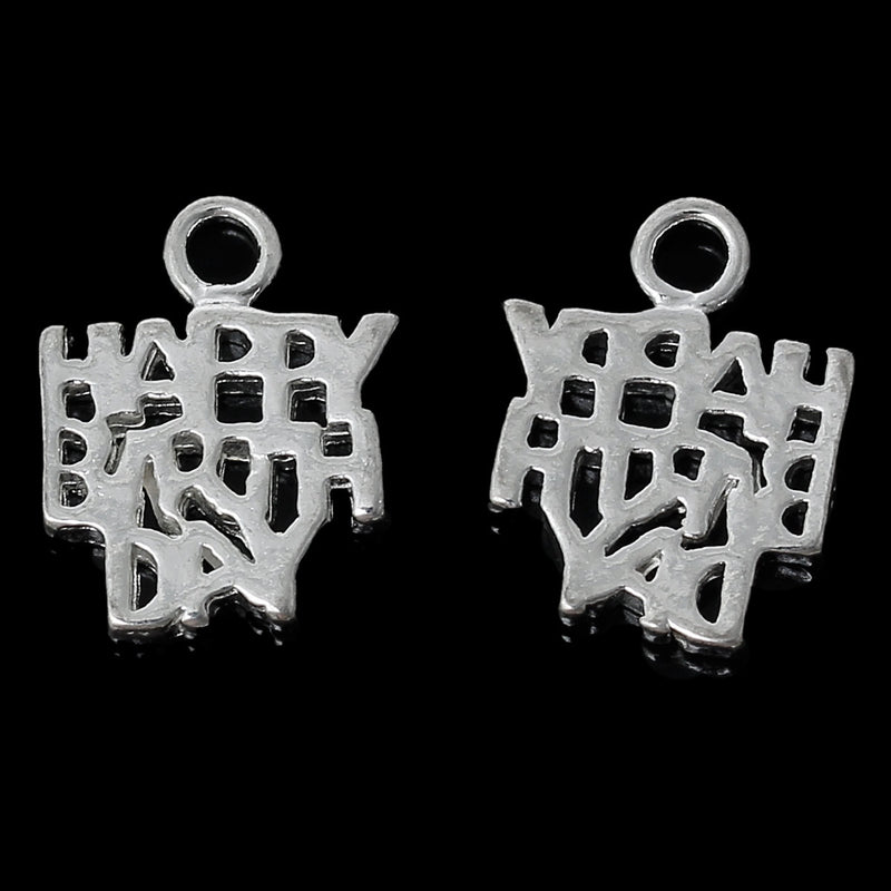 HAPPY BIRTHDAY Silver Plated Charm . 16mm, 5pcs, chs1838