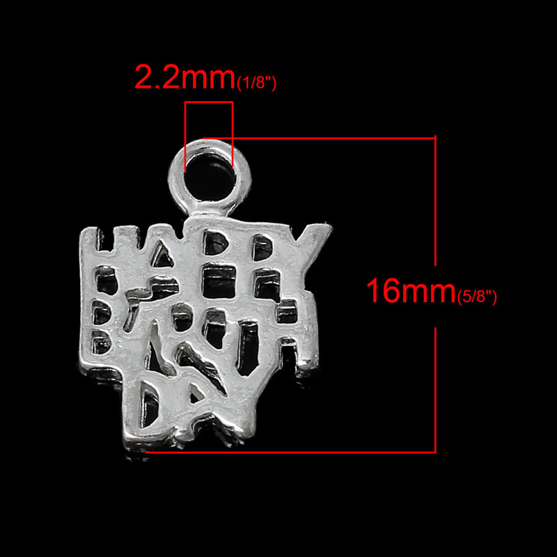 HAPPY BIRTHDAY Silver Plated Charm . 16mm, 5pcs, chs1838