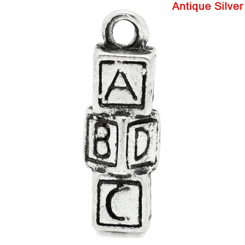 5 ALPHABET BABY Blocks Antique Silver Charm Pendants . 17mm  chs1832