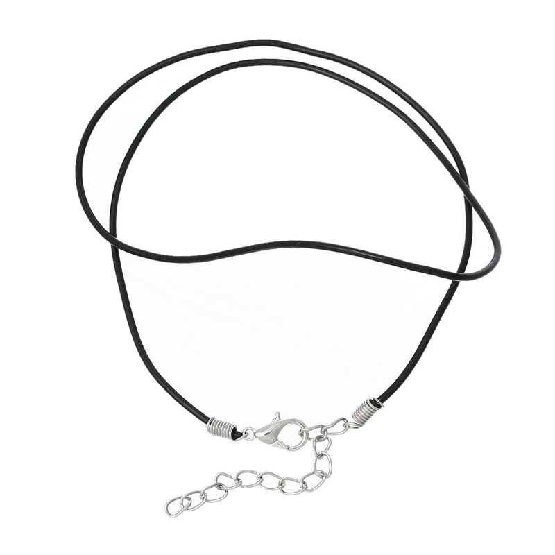 50 JET BLACK Rubber Necklace Cords with Lobster Clasp . 16-7/8" long with 2" extender chain  fch0263