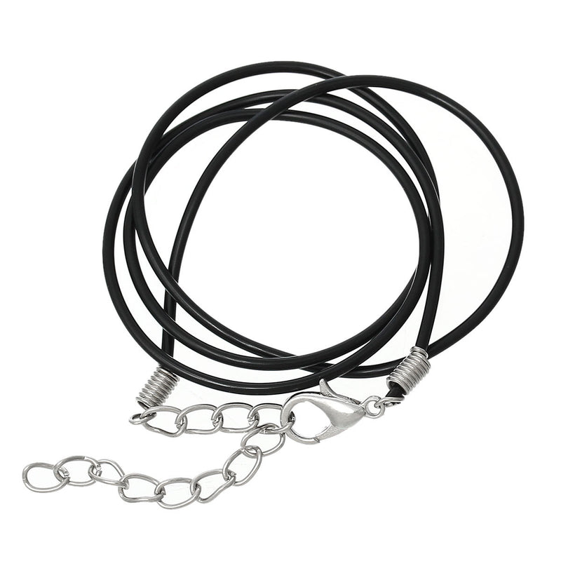 50 JET BLACK Rubber Necklace Cords with Lobster Clasp . 16-7/8" long with 2" extender chain  fch0263